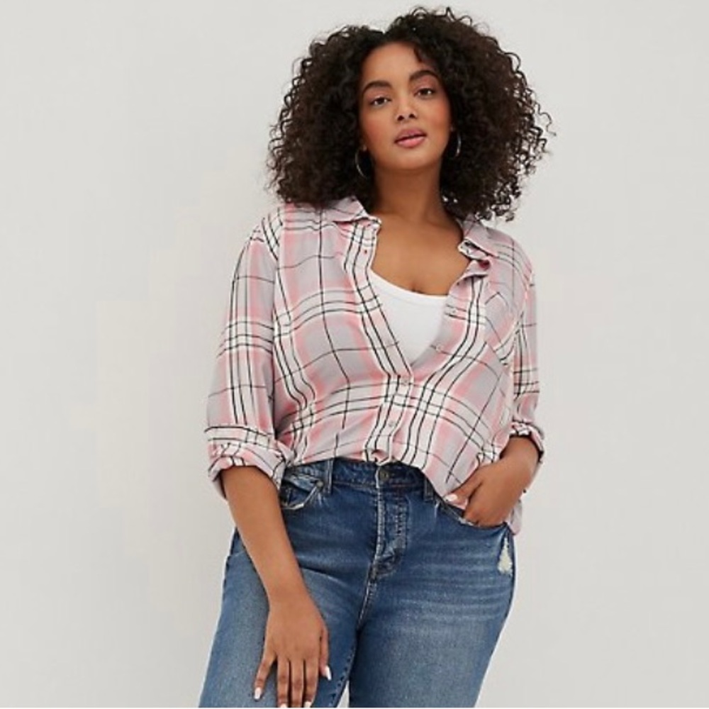 Torrid Lizzie Pink & Gray Plaid Button Down